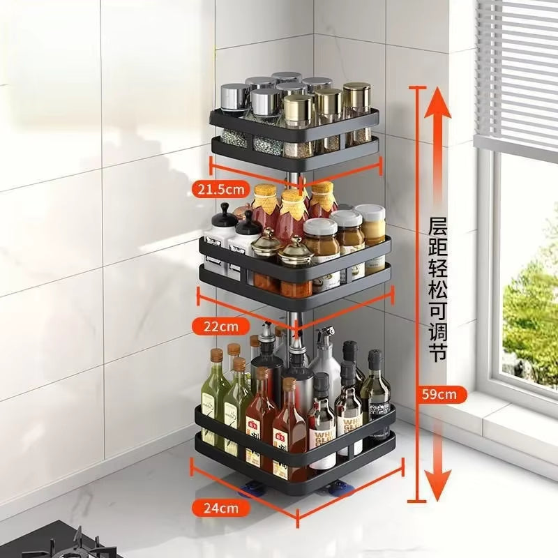 360°Rotation Spice Rack Non-Skid Organizer Jar Carbon Steel Storage Tray for Seasonings and Spices Cans for Kitchen Accessories