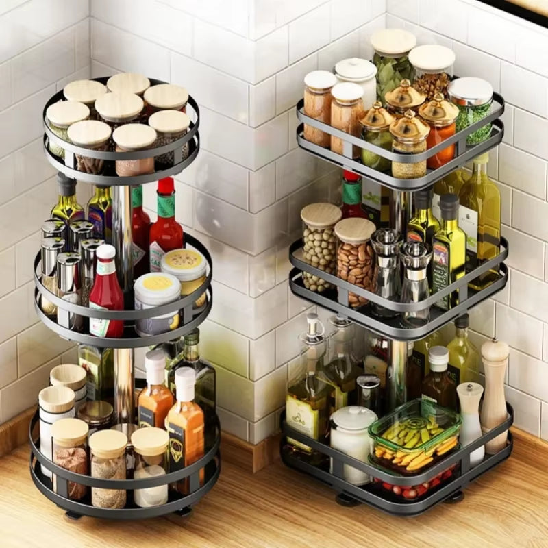360°Rotation Spice Rack Non-Skid Organizer Jar Carbon Steel Storage Tray for Seasonings and Spices Cans for Kitchen Accessories