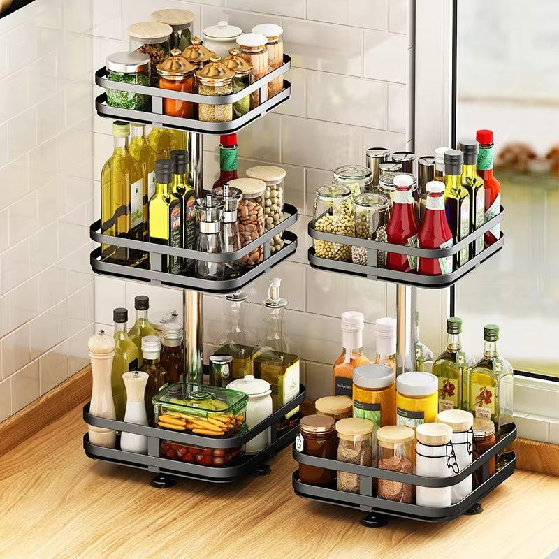 360°Rotation Spice Rack Non-Skid Organizer Jar Carbon Steel Storage Tray for Seasonings and Spices Cans for Kitchen Accessories