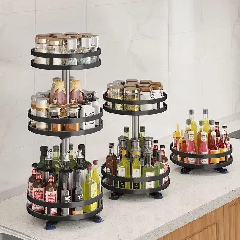 360°Rotation Spice Rack Non-Skid Organizer Jar Carbon Steel Storage Tray for Seasonings and Spices Cans for Kitchen Accessories